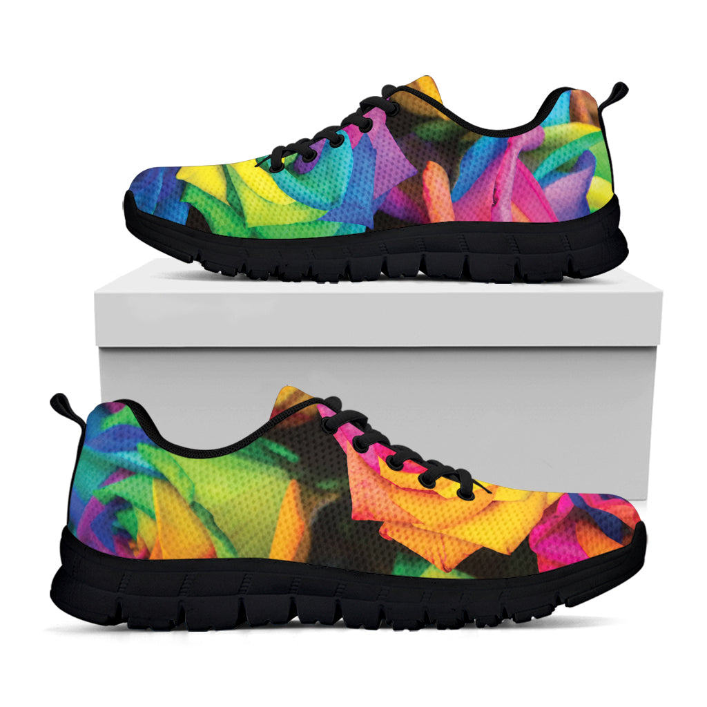LGBT Pride Rainbow Roses Print Black Running Shoes