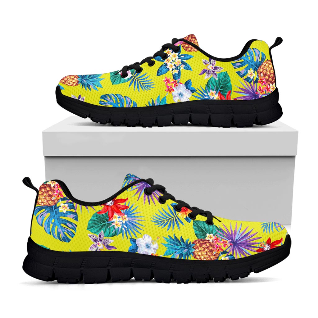 Lime Hawaiian Pineapple Pattern Print Black Running Shoes