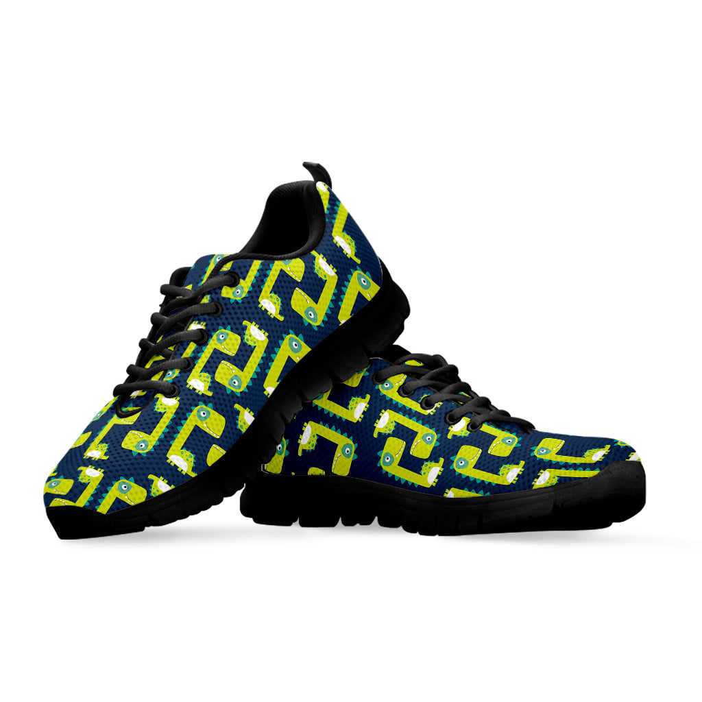 Little Green Dinosaur Pattern Print Black Running Shoes