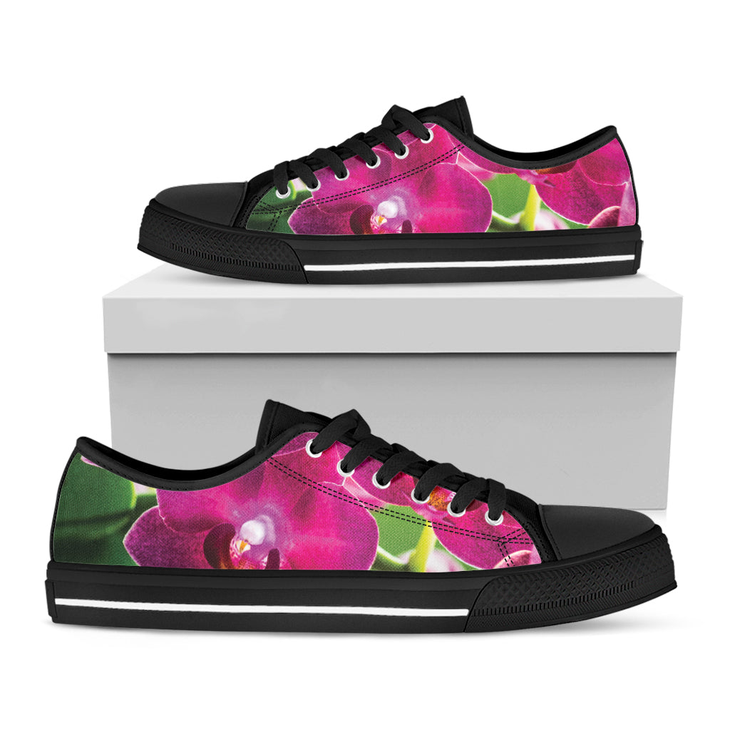 Magenta Orchid Flower Print Black Low Top Sneakers