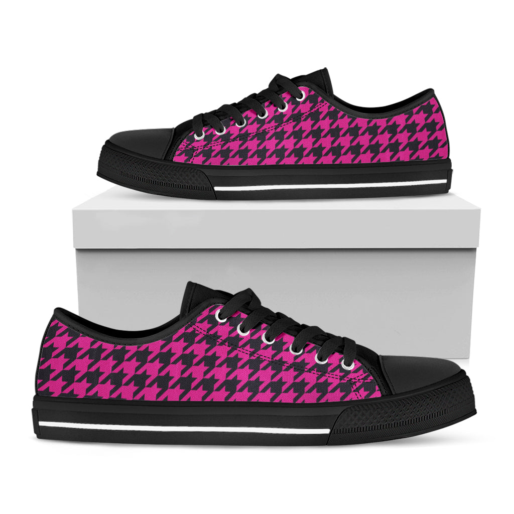 Magenta Pink And Black Houndstooth Print Black Low Top Sneakers