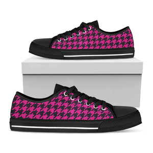 Magenta Pink And Black Houndstooth Print Black Low Top Sneakers