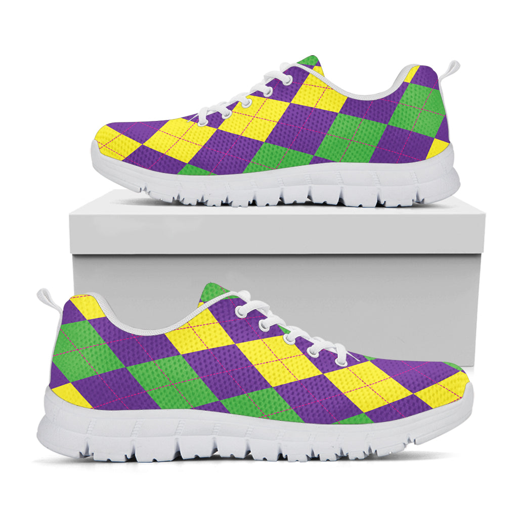 Mardi Gras Argyle Pattern Print White Running Shoes
