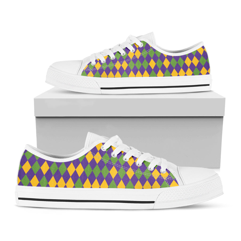 Mardi Gras Harlequin Pattern Print White Low Top Sneakers