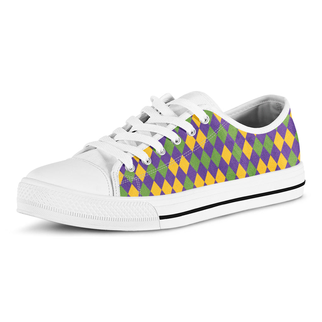 Mardi Gras Harlequin Pattern Print White Low Top Sneakers