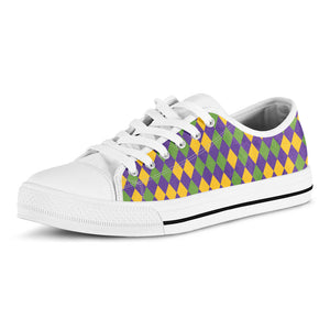 Mardi Gras Harlequin Pattern Print White Low Top Sneakers