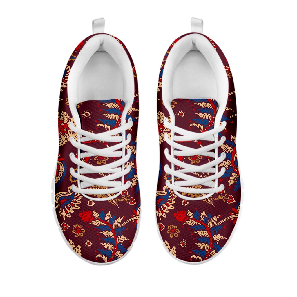 Maroon Vintage Bohemian Floral Print White Running Shoes