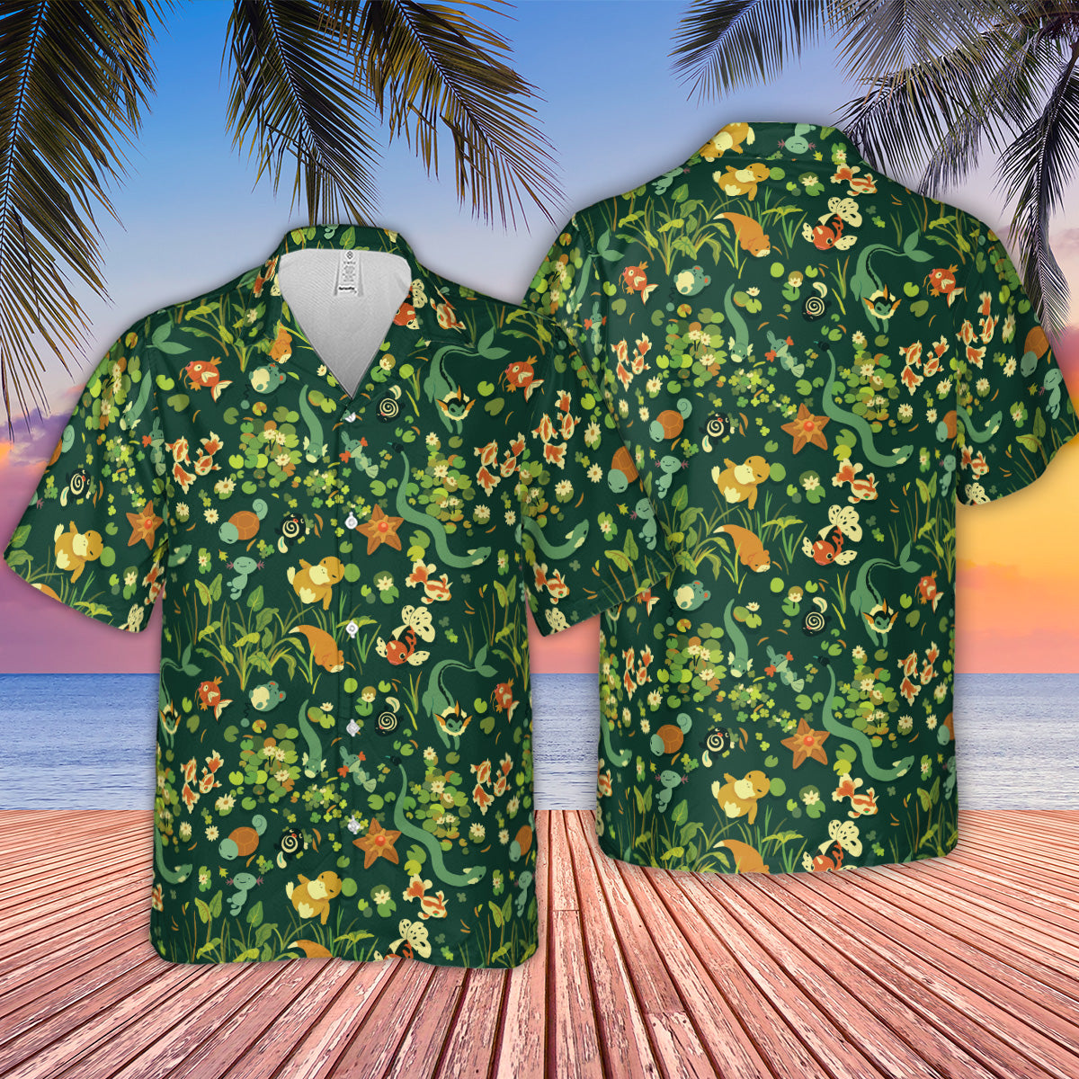 Floating In A Pond Magikarp Psyduck Vaporeon Water Pokemon Hawaiian Shirt