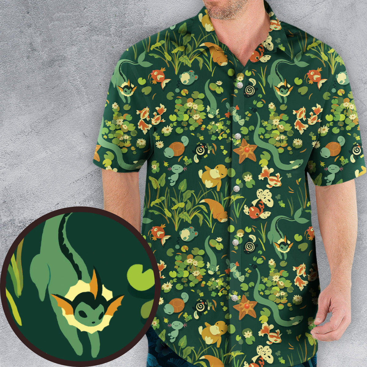 Floating In A Pond Magikarp Psyduck Vaporeon Water Pokemon Hawaiian Shirt