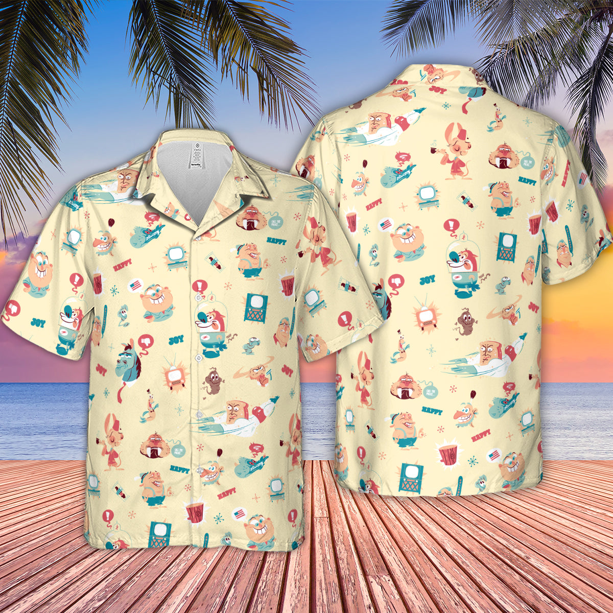 Ren and Stimpy Pattern Hawaiian Shirt