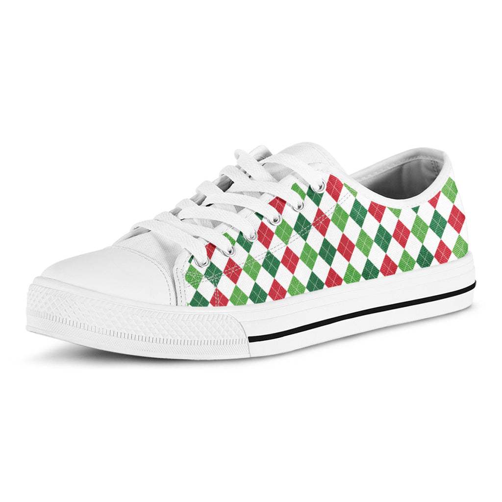 Merry Christmas Argyle Pattern Print White Low Top Sneakers