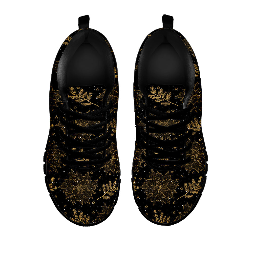 Merry Christmas Poinsettia Pattern Print Black Running Shoes