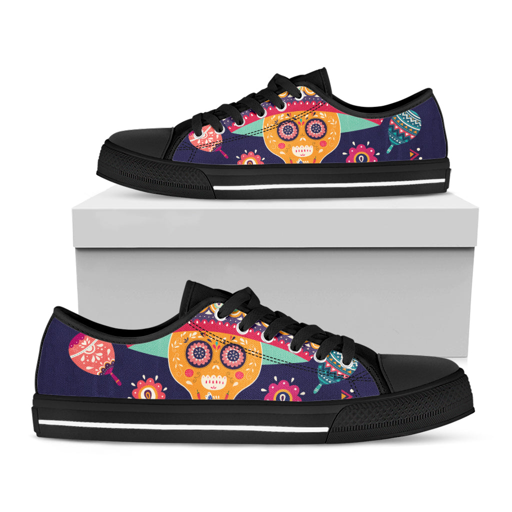 Mexican Skull Cinco de Mayo Print Black Low Top Sneakers