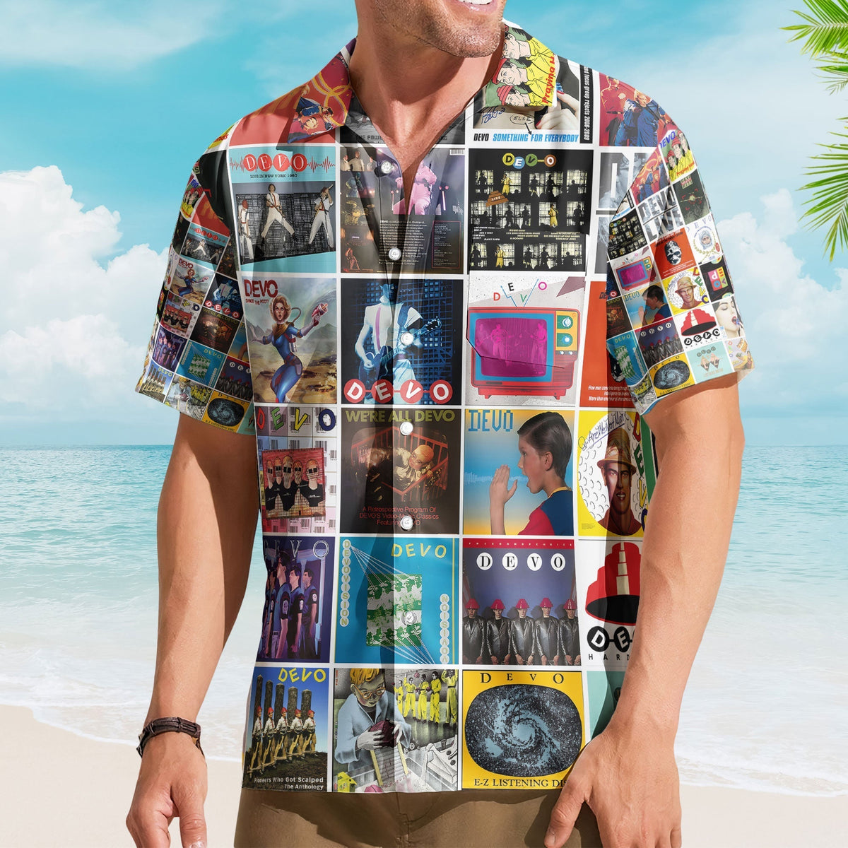 DEVO Album Collage Hawaiian Shirt Retro New Wave Music Shirt
