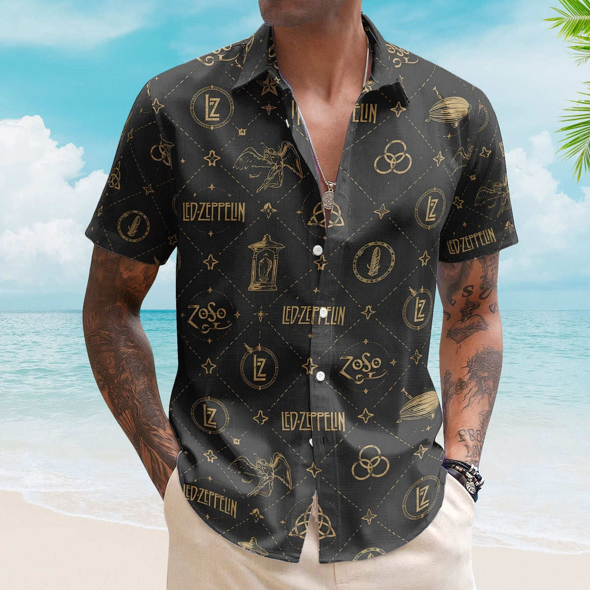 Led Zeppelin Symbols Hawaiian Shirt Vintage Gold Icon Resort Shirt for Classic Rock Fans
