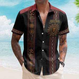 Santana Hawaiian Shirt - Unisex Retro Sun Lion Om Symbol Vertical Stripe Button Up