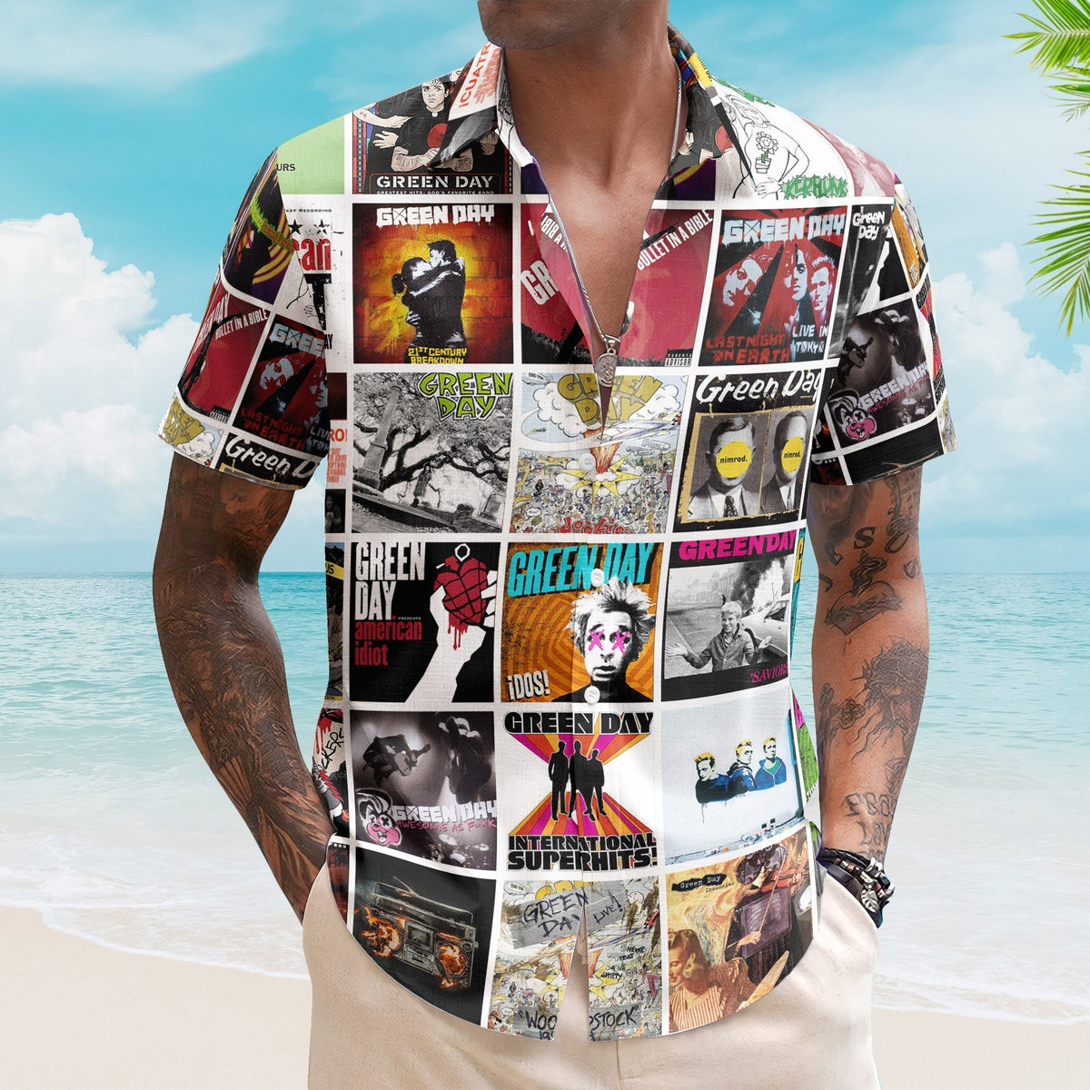 Green Day Hawaiian Shirt Album Cover Collage Punk Rock Summer Button Up