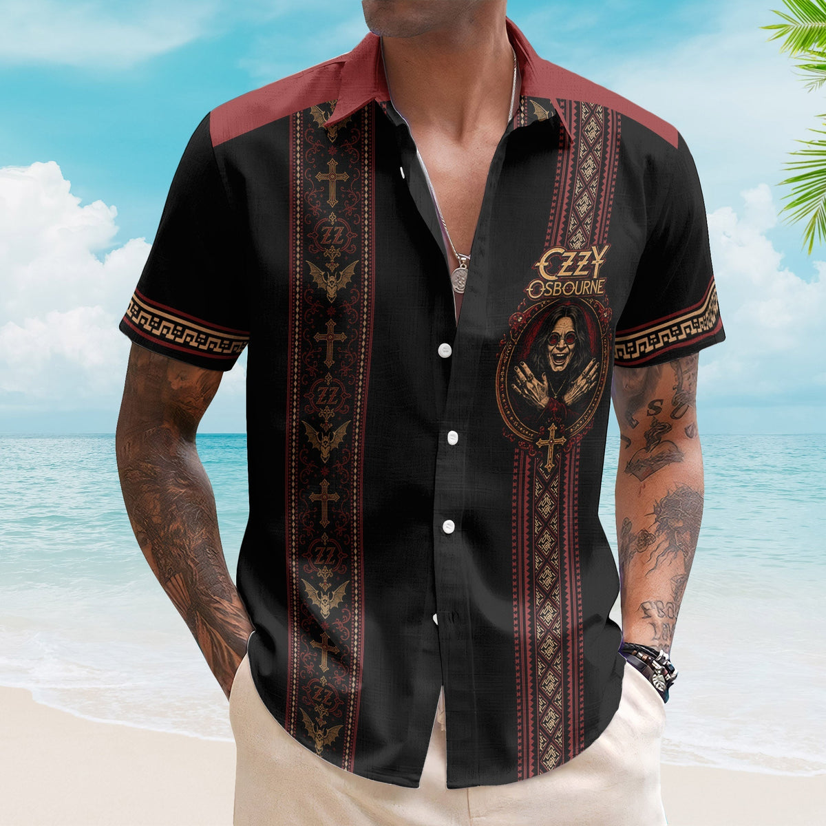 Ozzy Osbourne Hawaiian Shirt - Unisex Retro Prince of Darkness Bat Cross Button Up