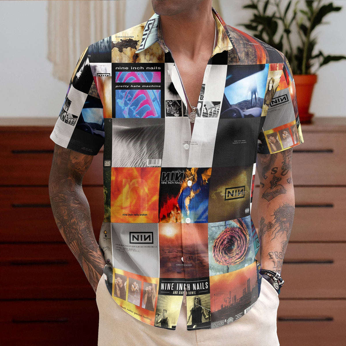 Nine Inch Nails Hawaiian Shirt Album Cover Collage Industrial Rock Summer Button Up