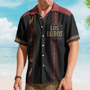 Los Lobos Hawaiian Shirt - Unisex Retro Howling Wolf Sacred Heart Vertical Stripe Button Up