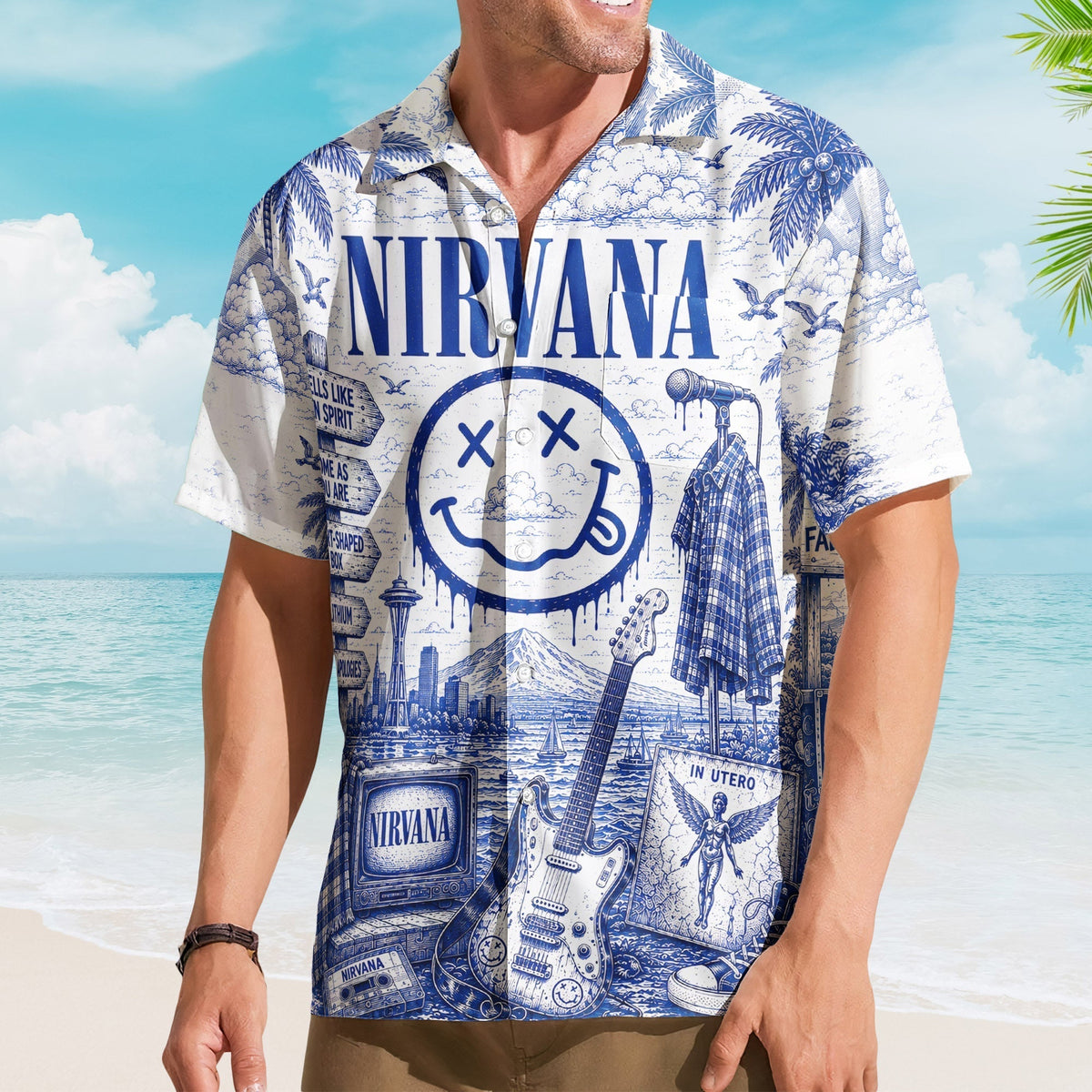 Nirvana Toile De Jouy Hawaiian Shirt - Unisex Vintage Smells Like Teen Spirit Blue Line Art Summer Button Up