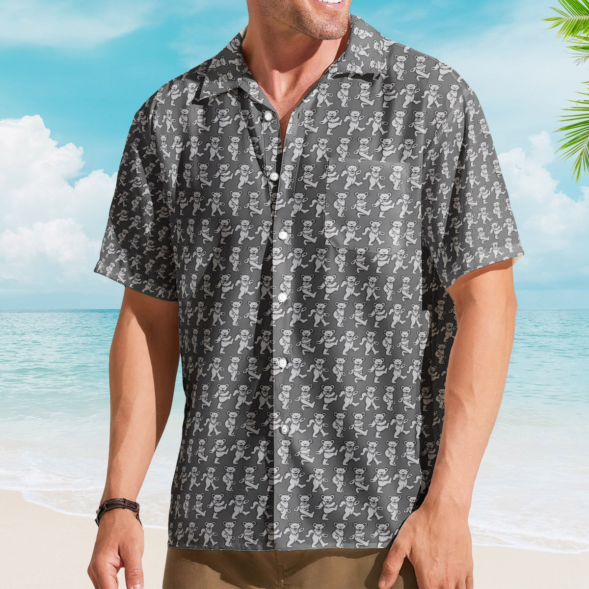 Grateful Dead Dancing Bears Retro Grey Monogram Summer Hawaiian Shirt Retro Music Album Art Inspired Shirt