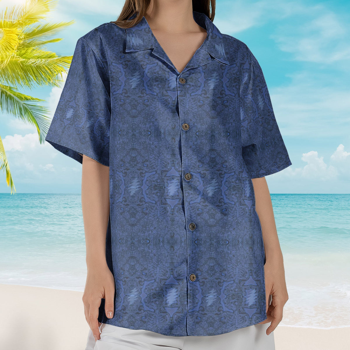 Viola Lee Blues II Electric Woodcut Skull & Roses Hawaiian Shirt Retro Music Grateful Dead Inspired Aloha Shirt )