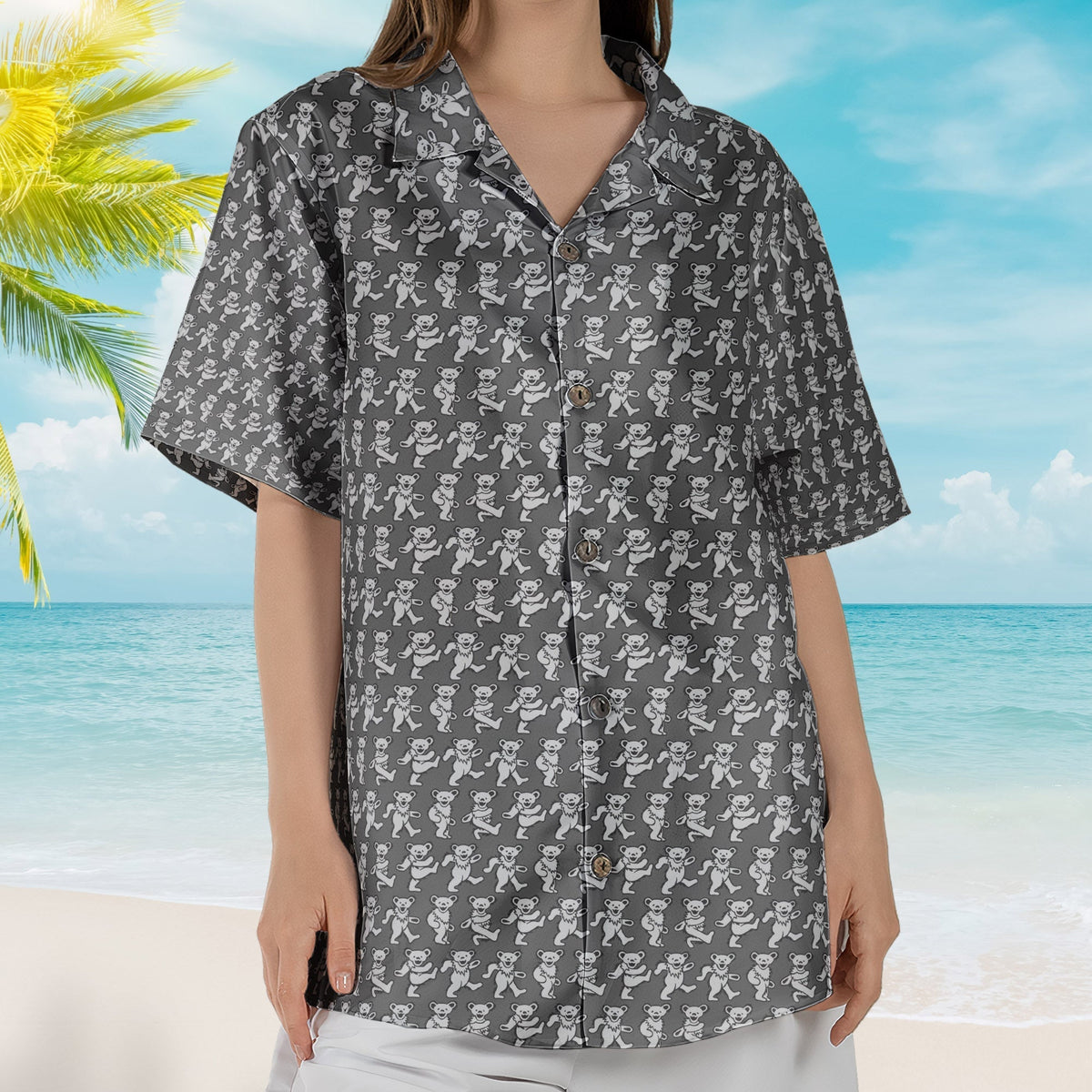 Grateful Dead Dancing Bears Retro Grey Monogram Summer Hawaiian Shirt Retro Music Album Art Inspired Shirt