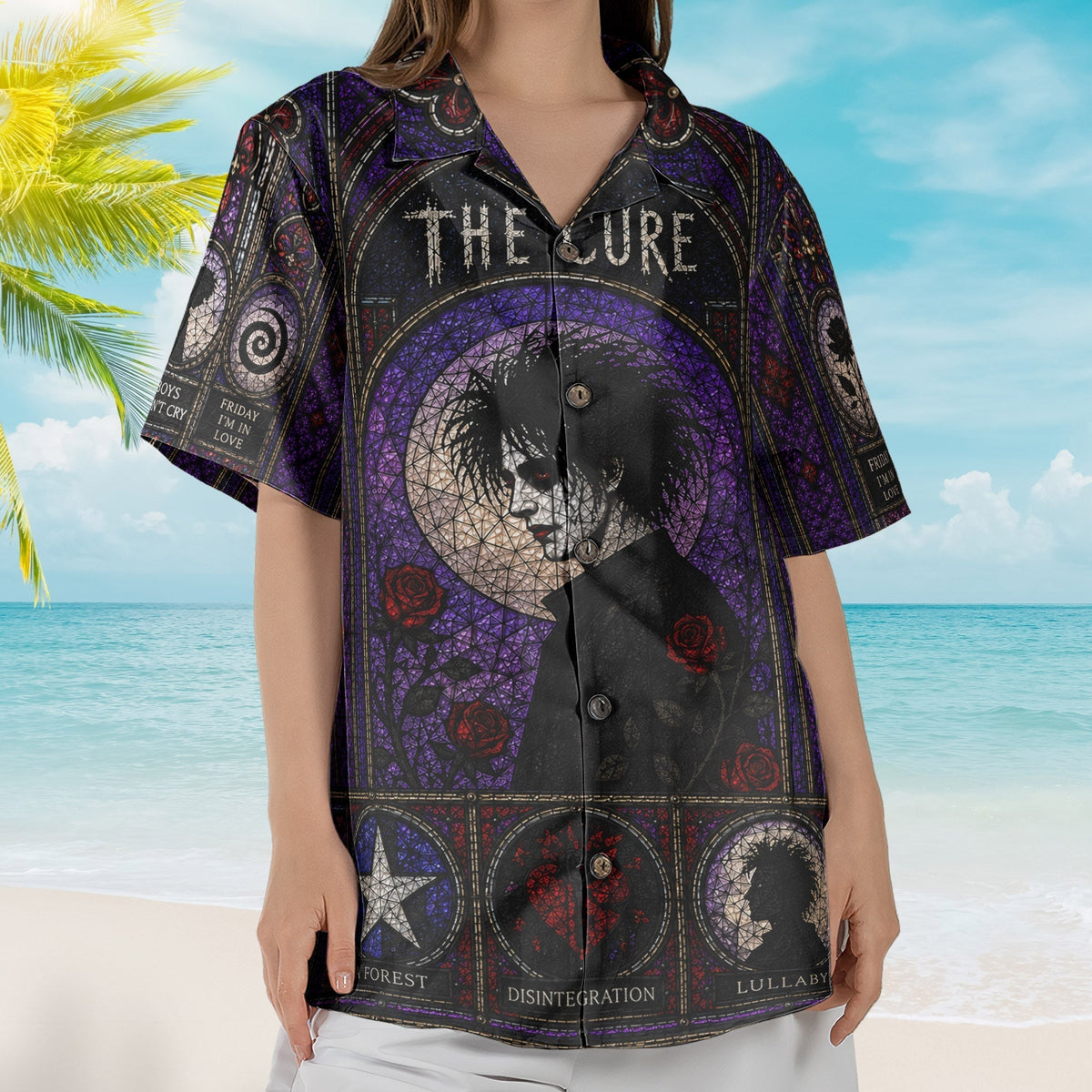 The Cure Gothic Stained Glass Hawaiian Shirt - Unisex Post Punk Dark Wave Alternative Beach Button Up