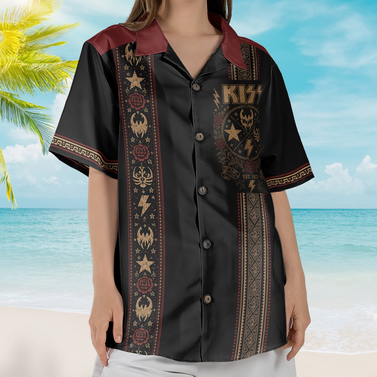 Kiss Hawaiian Shirt - Unisex Black Burgundy Tribal Lightning Bolt Summer Button Up