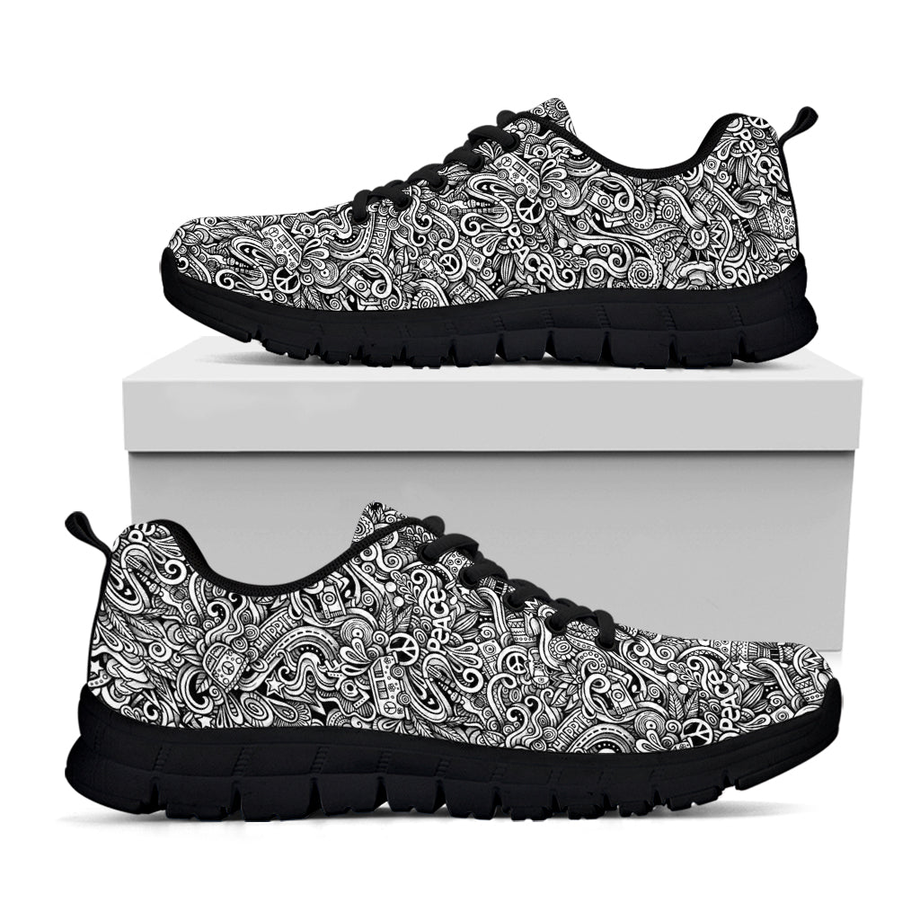 Monochrome Graffiti Hippie Pattern Print Black Running Shoes