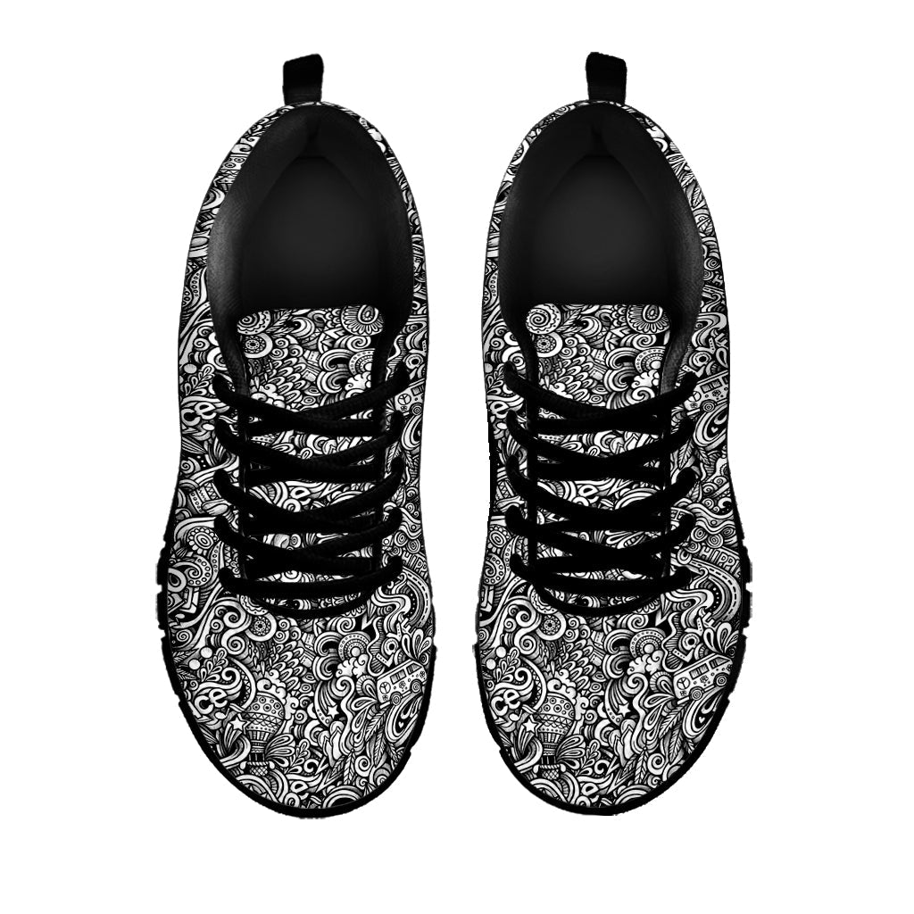 Monochrome Graffiti Hippie Pattern Print Black Running Shoes