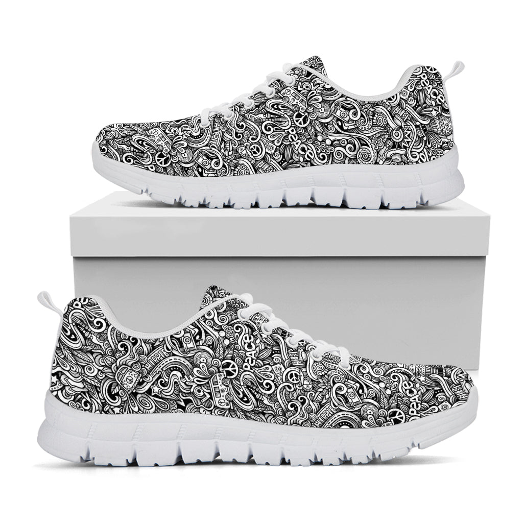 Monochrome Graffiti Hippie Pattern Print White Running Shoes