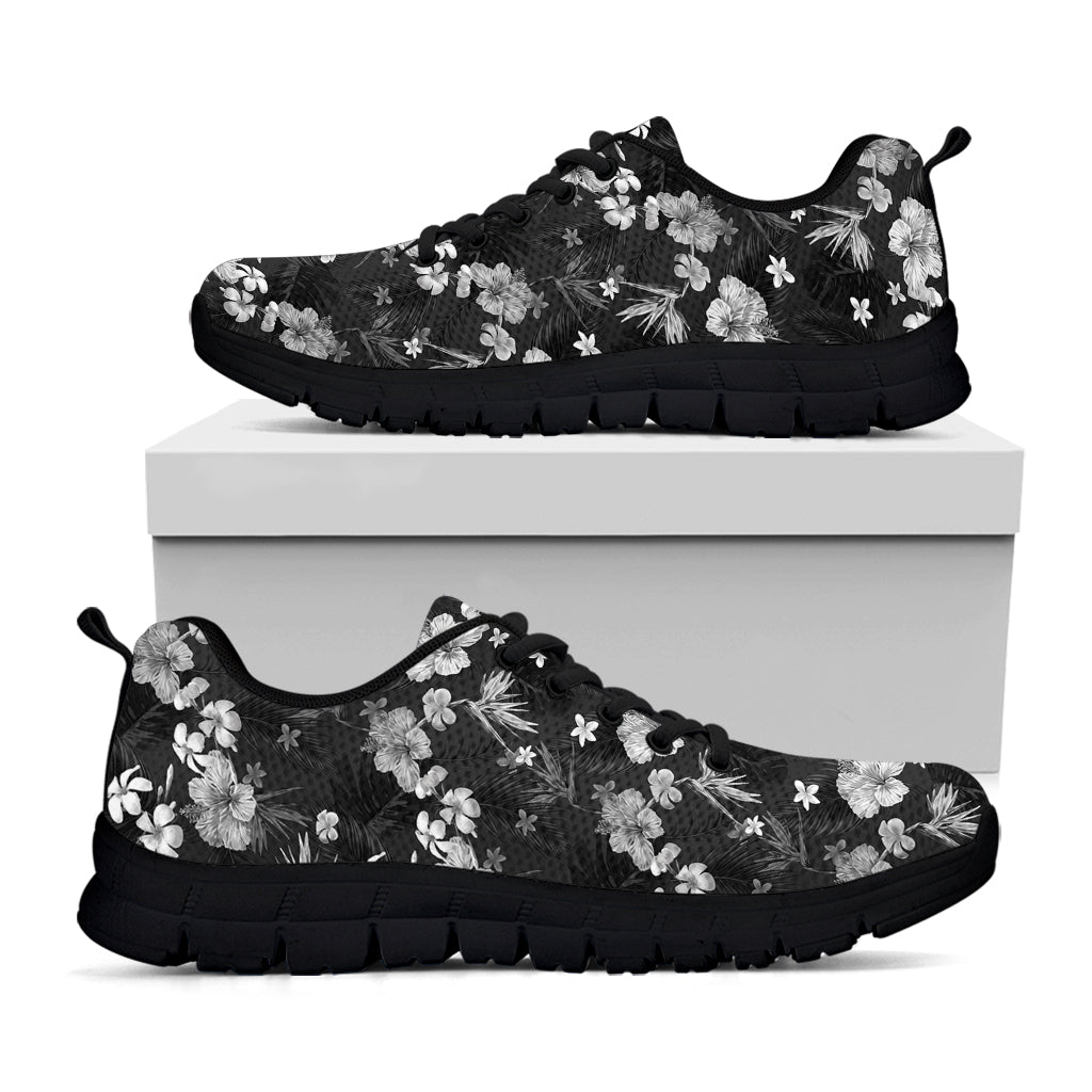Monochrome Hawaiian Floral Print Black Running Shoes