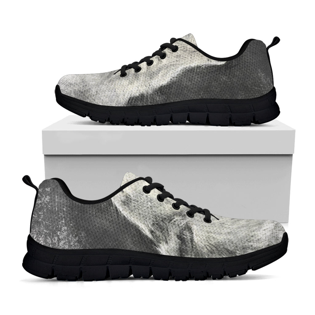 Monochrome Howling Wolf Print Black Running Shoes