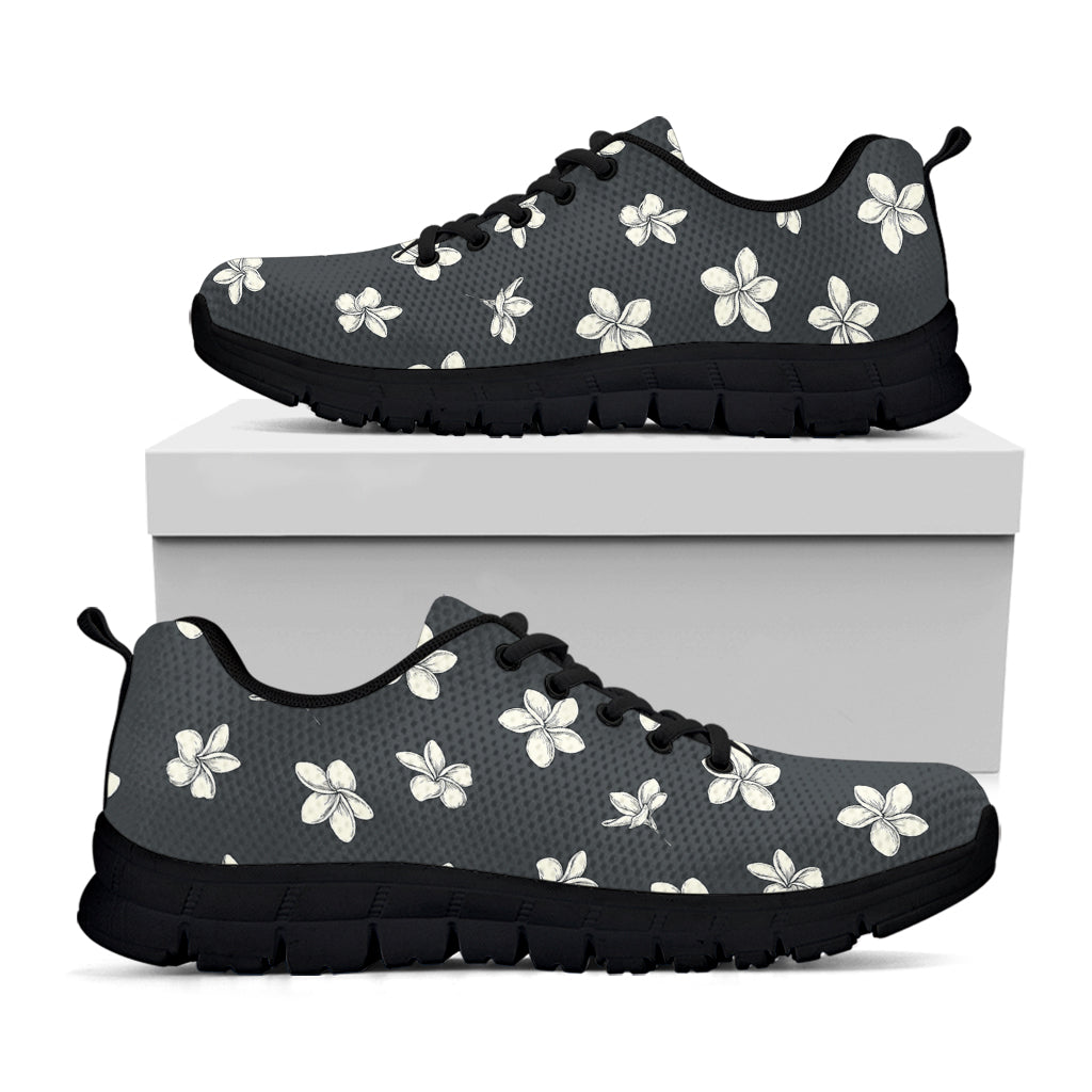 Monochrome Plumeria Pattern Print Black Running Shoes