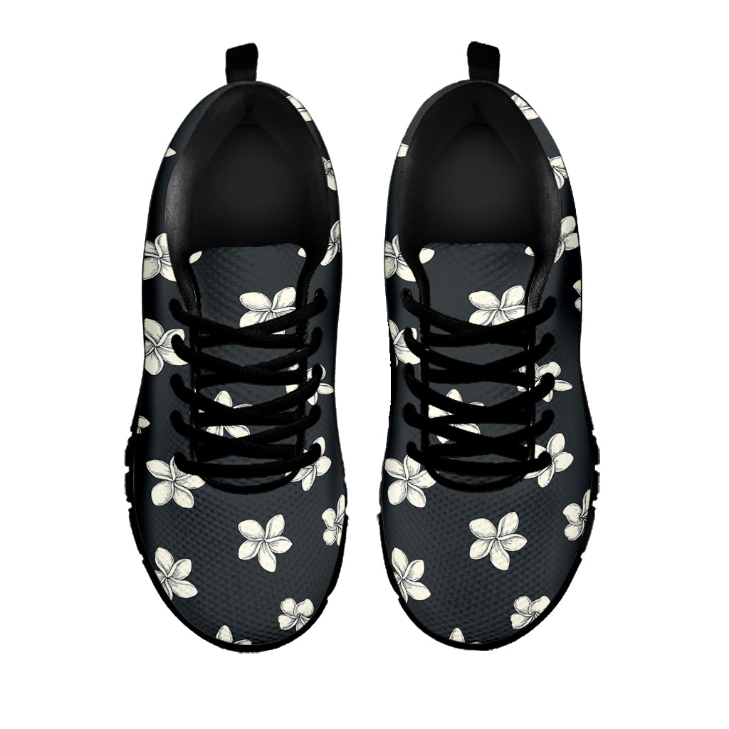 Monochrome Plumeria Pattern Print Black Running Shoes