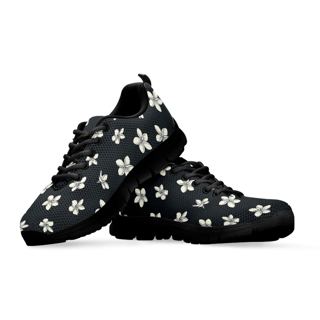 Monochrome Plumeria Pattern Print Black Running Shoes