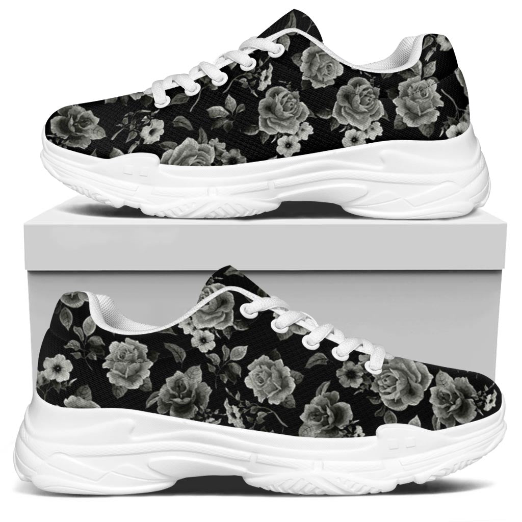 Monochrome Rose Floral Pattern Print White Chunky Shoes