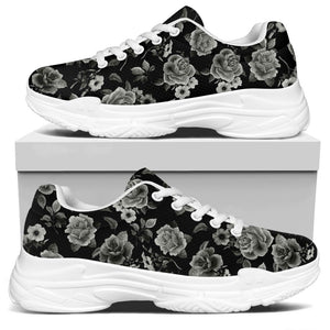 Monochrome Rose Floral Pattern Print White Chunky Shoes