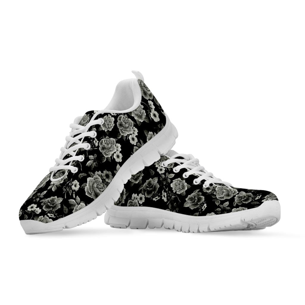 Monochrome Rose Floral Pattern Print White Running Shoes