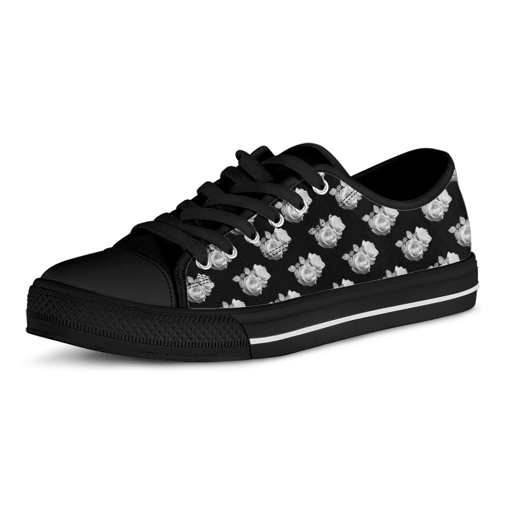 Monochrome Rose Pattern Print Black Low Top Sneakers