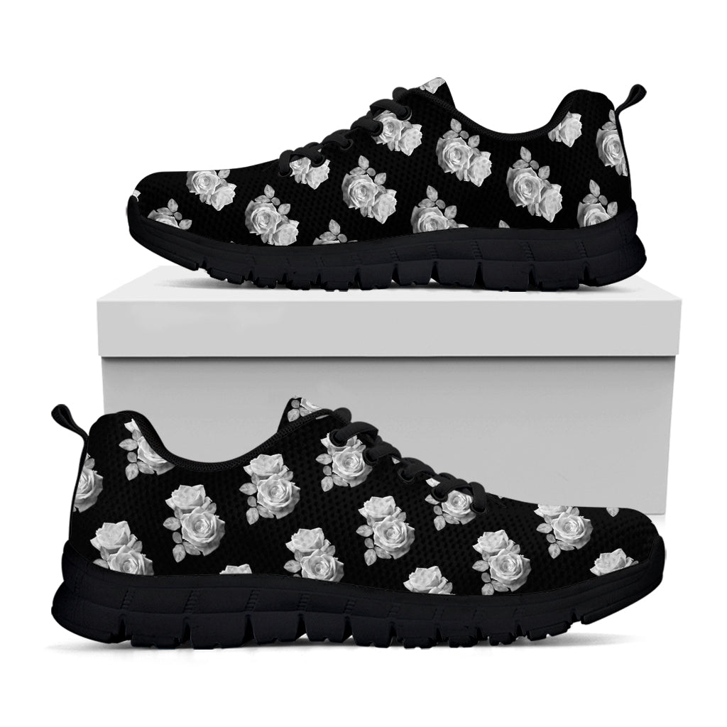 Monochrome Rose Pattern Print Black Running Shoes