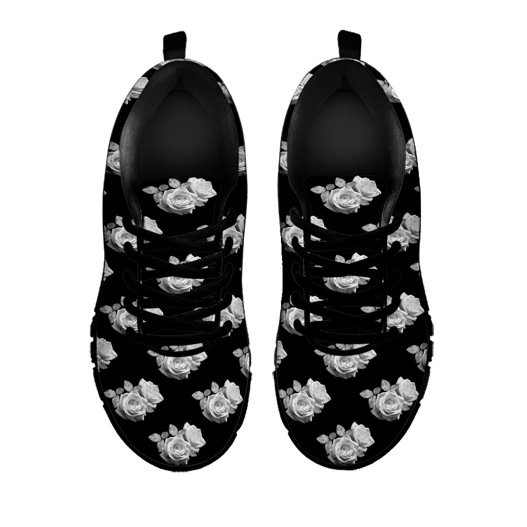 Monochrome Rose Pattern Print Black Running Shoes