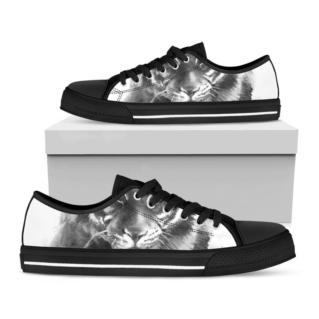 Monochrome Watercolor White Tiger Print Black Low Top Sneakers
