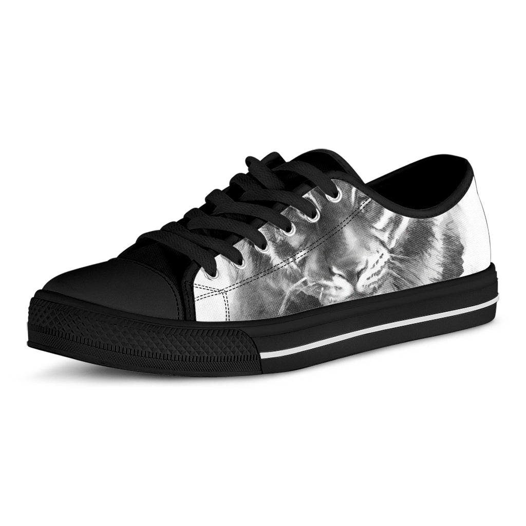 Monochrome Watercolor White Tiger Print Black Low Top Sneakers