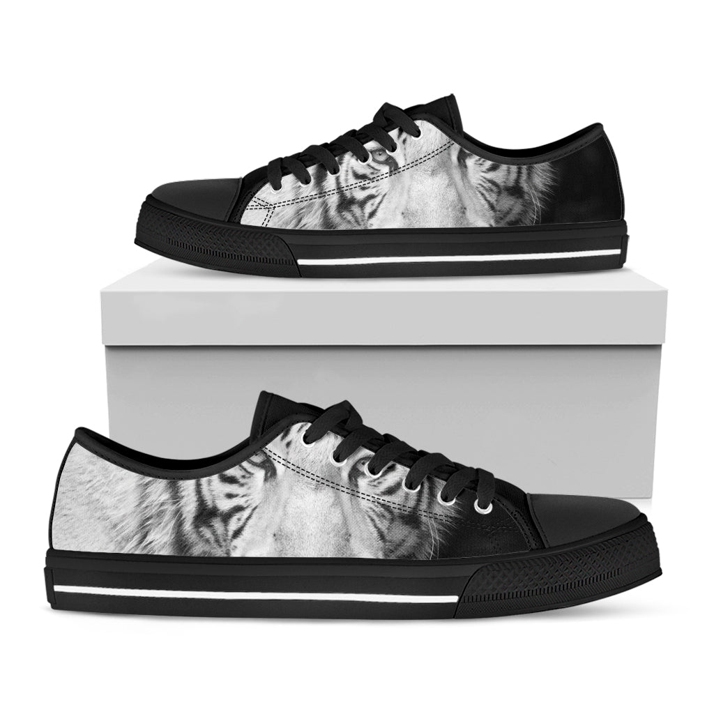 Monochrome White Bengal Tiger Print Black Low Top Sneakers