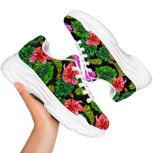 Monstera Hibiscus Hawaii Pattern Print White Chunky Shoes