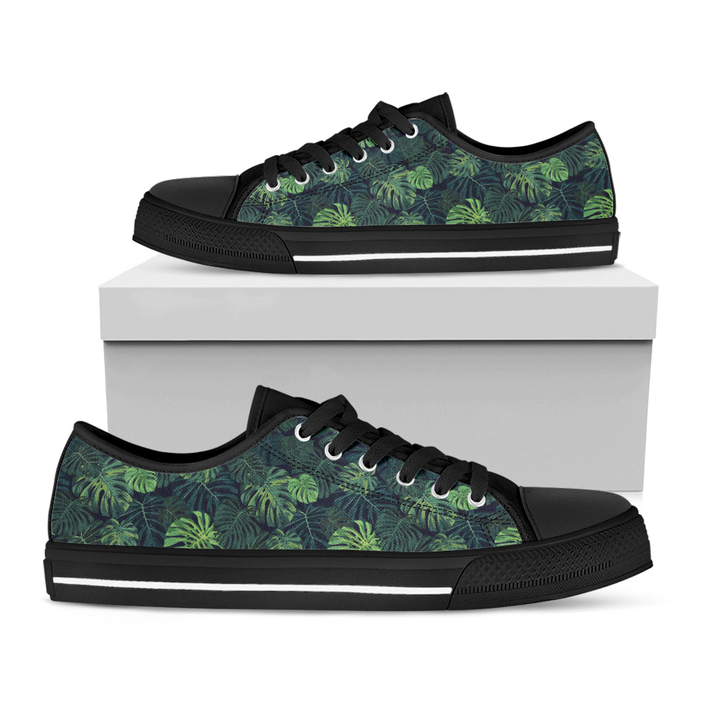 Monstera Palm Leaves Pattern Print Black Low Top Sneakers