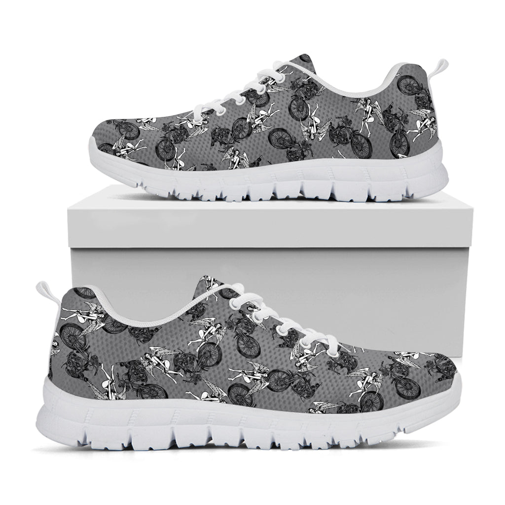 Motorcycle And Angel Pattern Print White Running Shoes